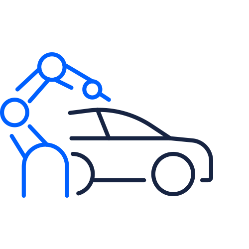 En robotarm som håller ett testbilsnyckel framför en modern bil.