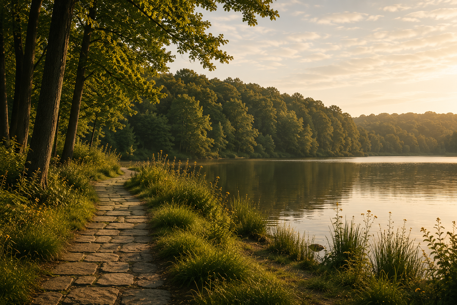 Peaceful lakeside path representing feeling calmer, reducing anxiety and moving towards emotional wellbeing.