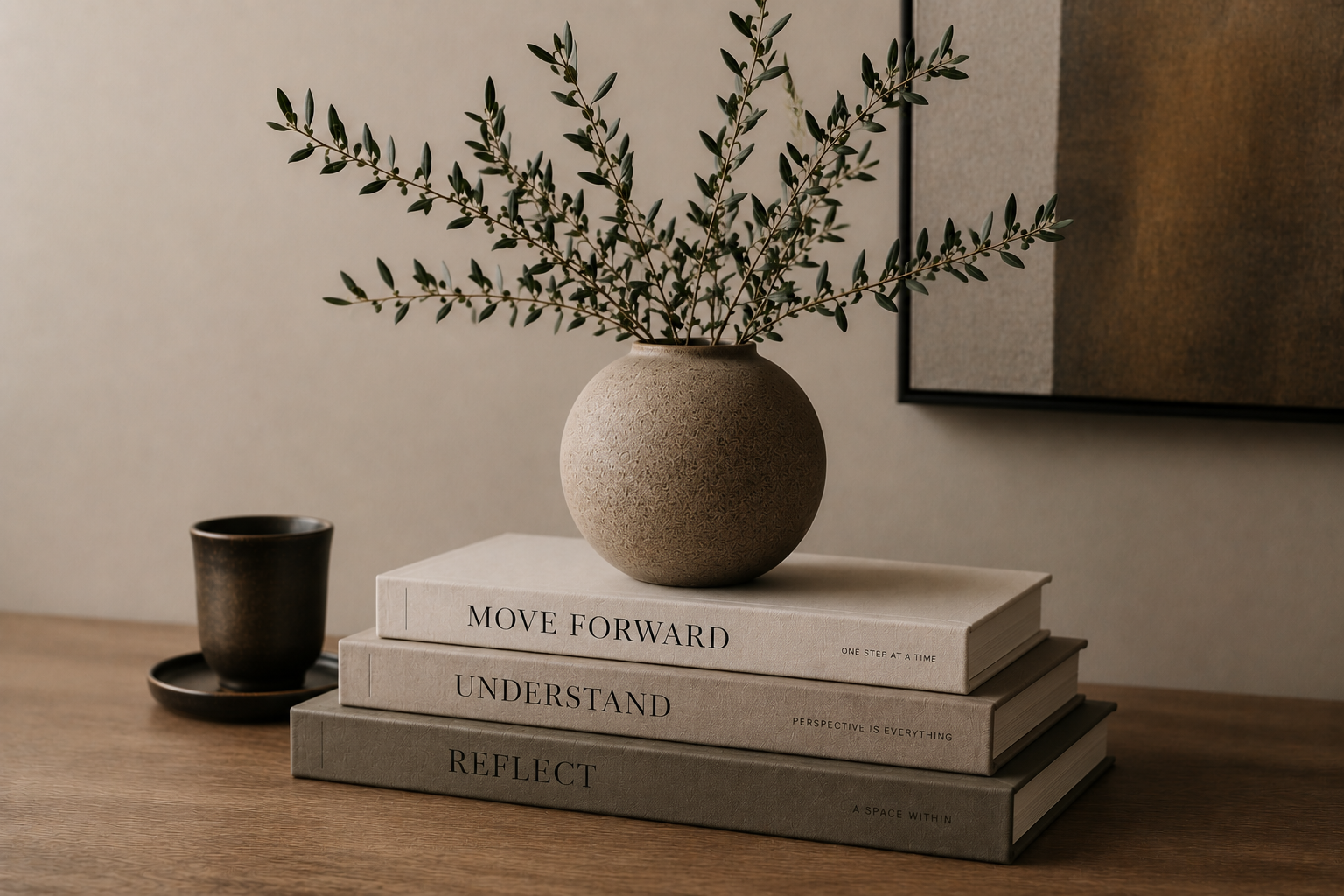 Stacked books with a plant. Books say reflect, understand and move forward