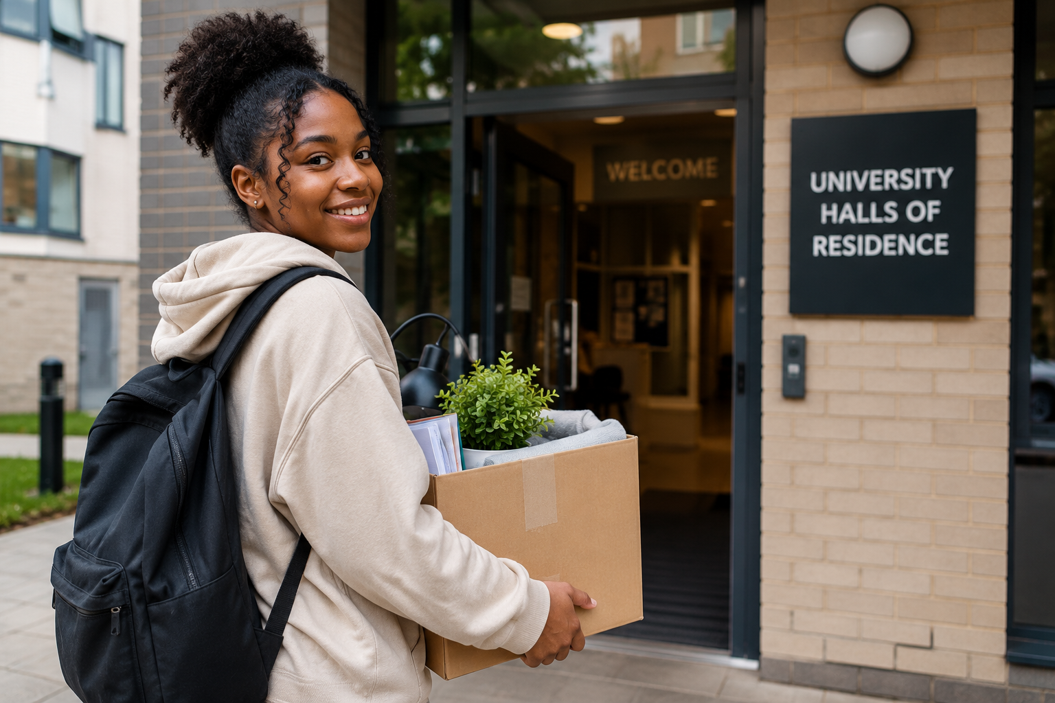Young student arriving at university accommodation with suitcase, representing independence and new beginnings.