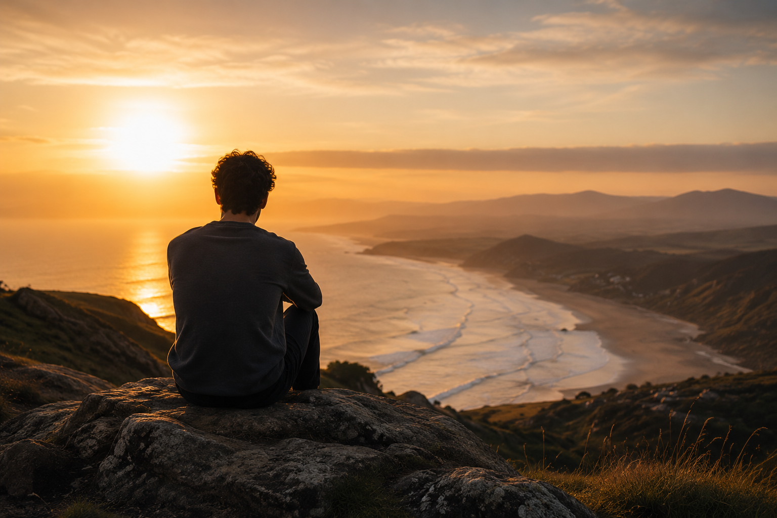 Person sitting peacefully overlooking the countryside, representing identity, self-acceptance, belonging and LGBTQ+ counselling.
