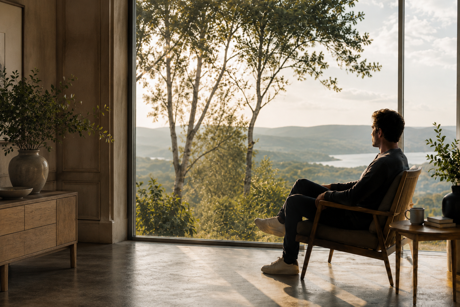 Man sitting quietly overlooking the countryside, representing men's emotional wellbeing, reflection and counselling support.