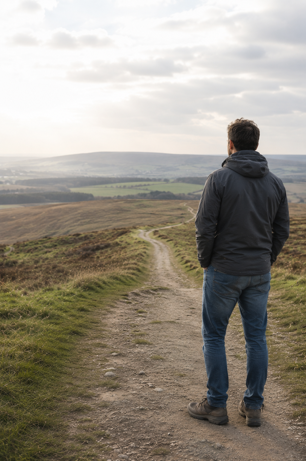Man walking along a countryside path, representing career change, personal growth, work-life balance and moving forward with confidence.