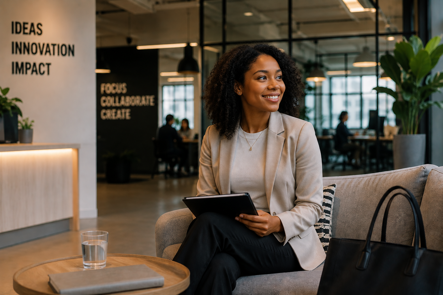 Young professional working in a café, representing graduation, career confidence and starting work