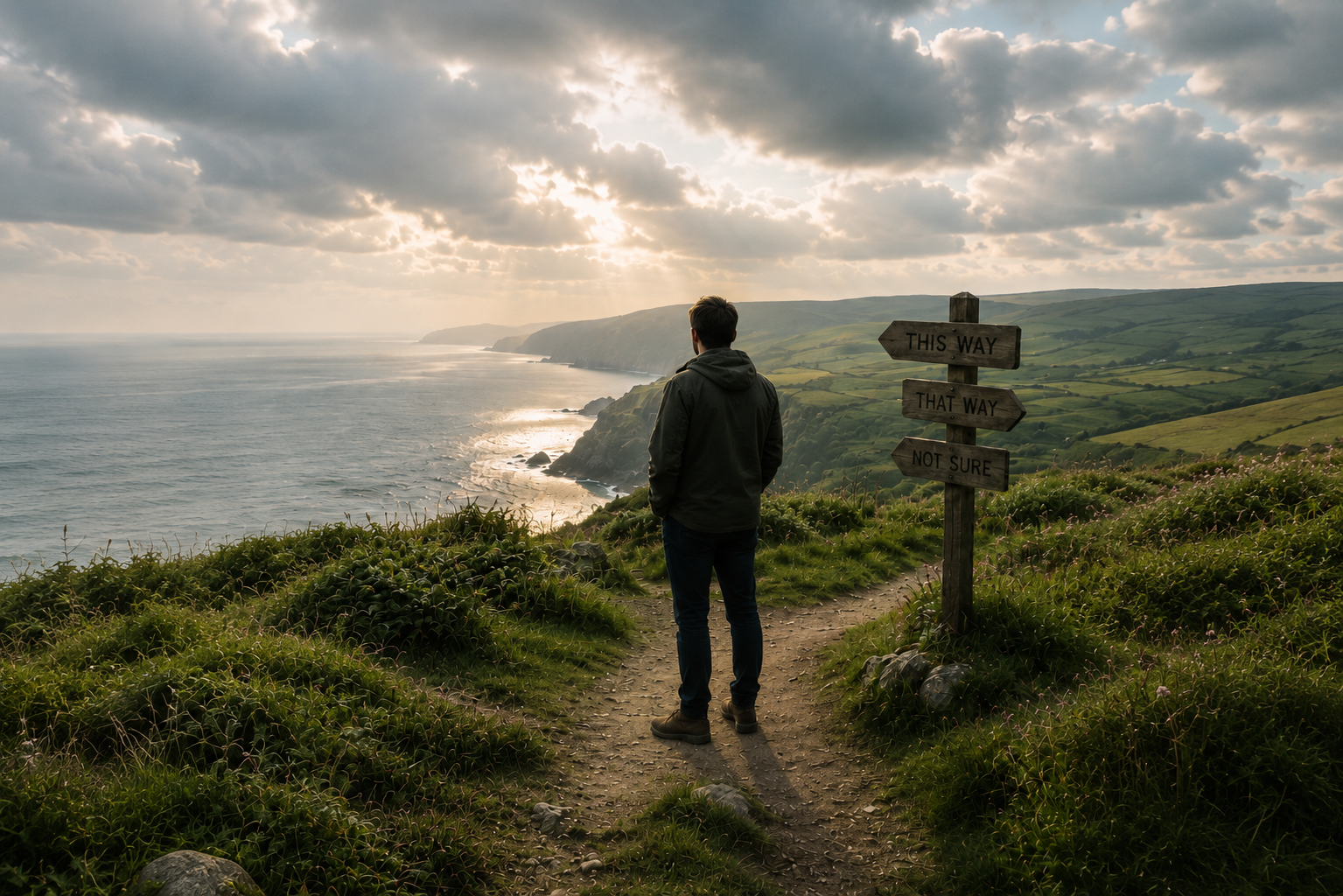 Man standing at a countryside crossroads, representing life transitions, decision-making, identity and men's mental health counselling.