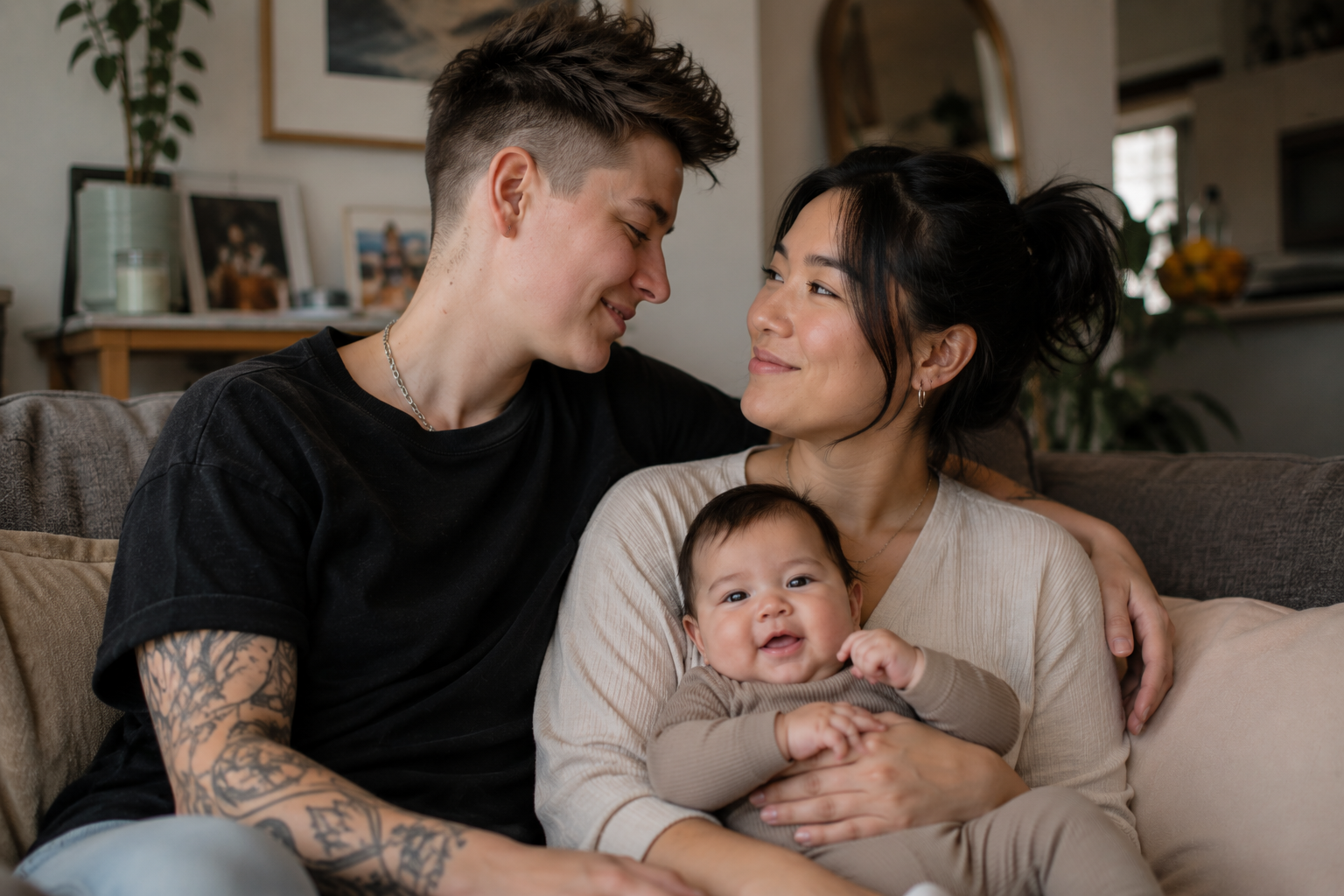 Same-sex parents with their child sharing an affectionate moment, representing LGBTQ+ families, parenting, acceptance and belonging.