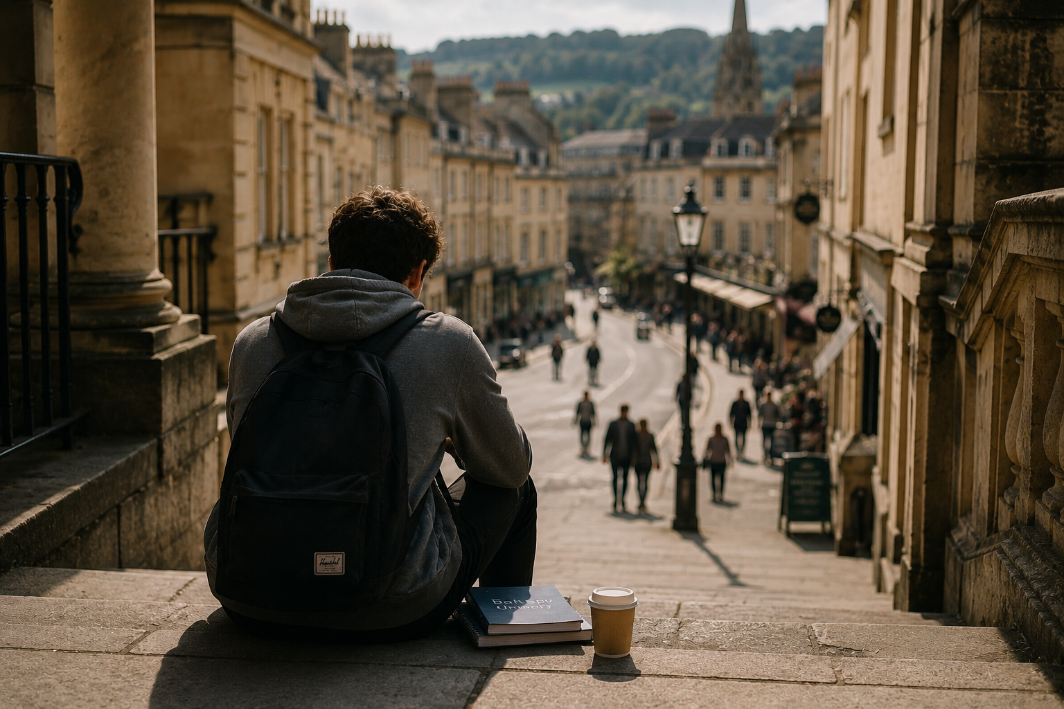 Young university student standing alone in a historic city, representing the emotional challenges of university, independence and the transition into adult life.