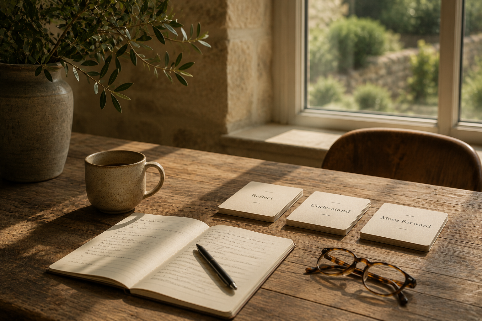 Peaceful counselling space with notebooks, books and coffee, representing reflection, understanding and moving forward through counselling and psychotherapy.