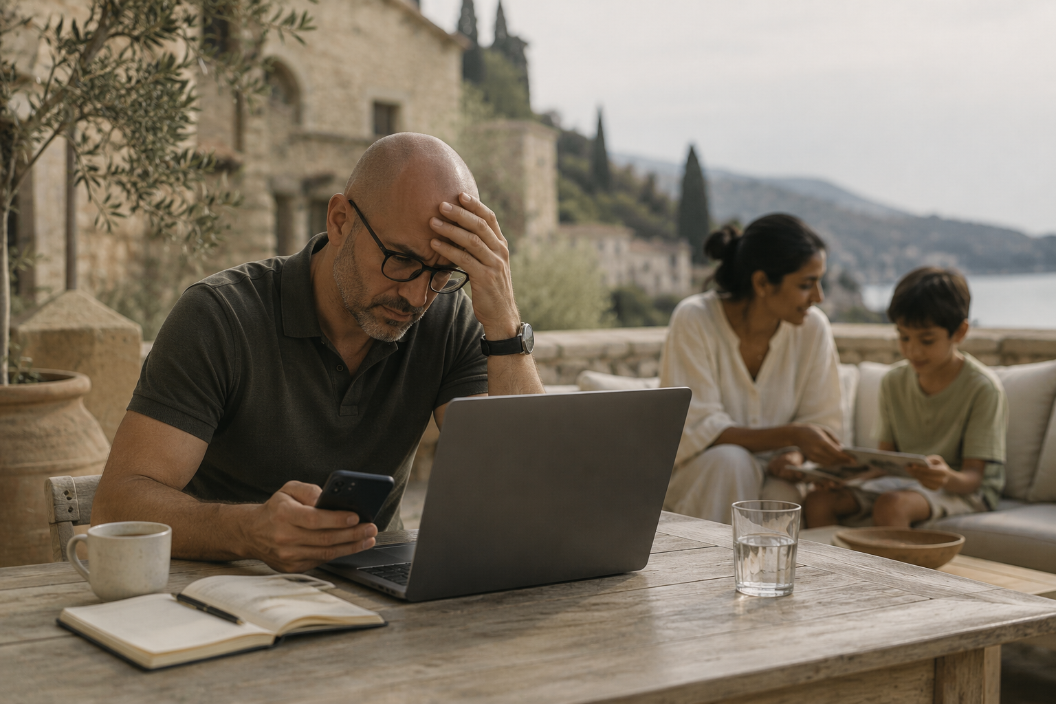 A man sitting at a wooden table outdoors, looking distressed while looking at his phone, with a laptop, a cup, an open notebook, and a glass of water on the table. In the background, a woman and a boy are sitting on a couch, smiling and looking at a tablet, with scenic hills and buildings in the distance.
