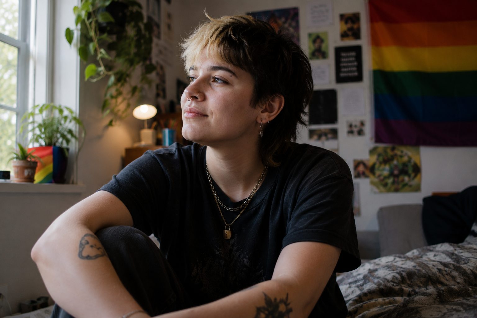 lgbtq-counselling.webp Young non-binary person reflecting on identity, self-discovery and belonging within the LGBTQ+ community.