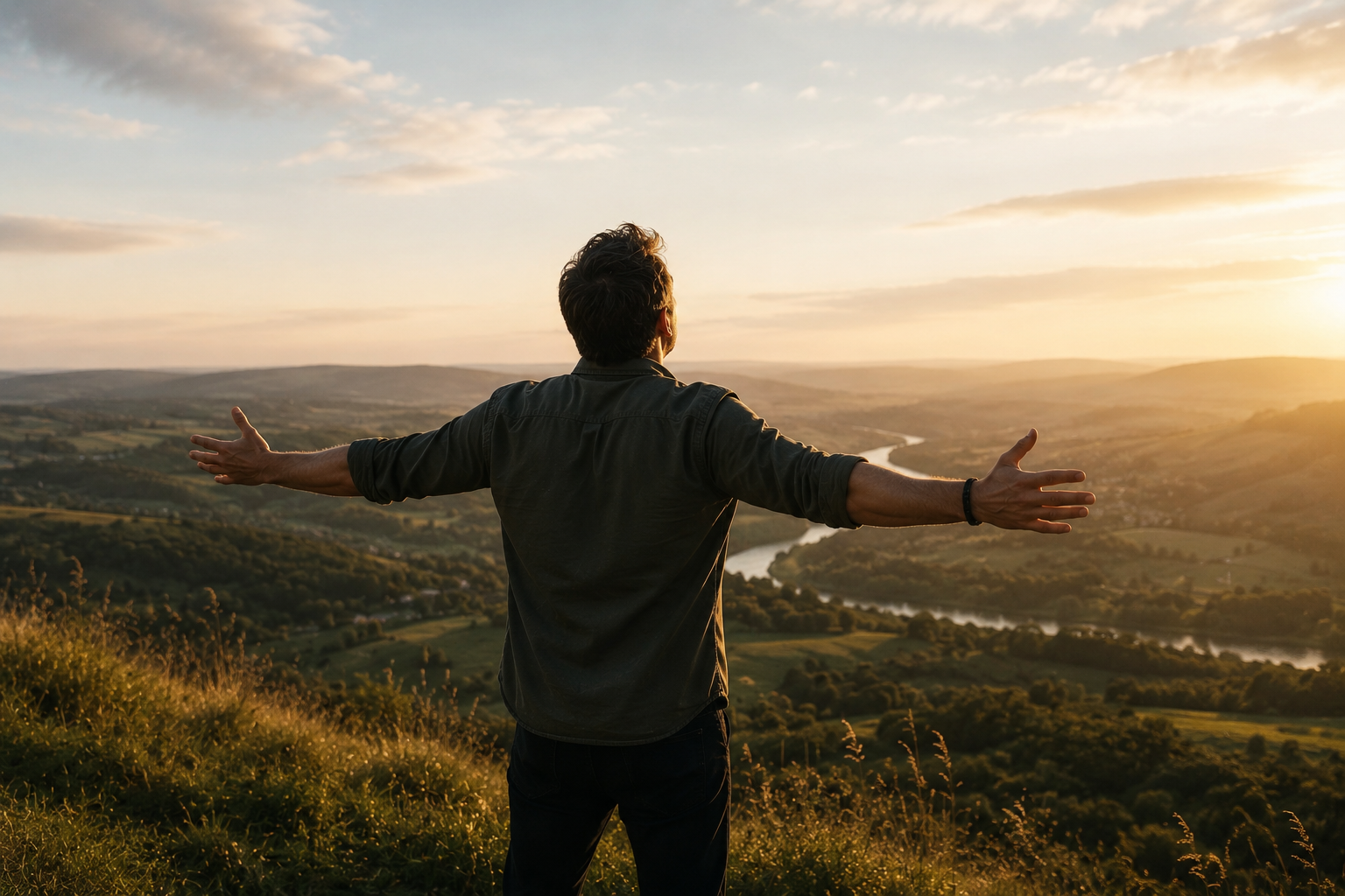 Man standing with arms outstretched overlooking the countryside, representing emotional freedom, confidence, resilience and positive change through therapy.