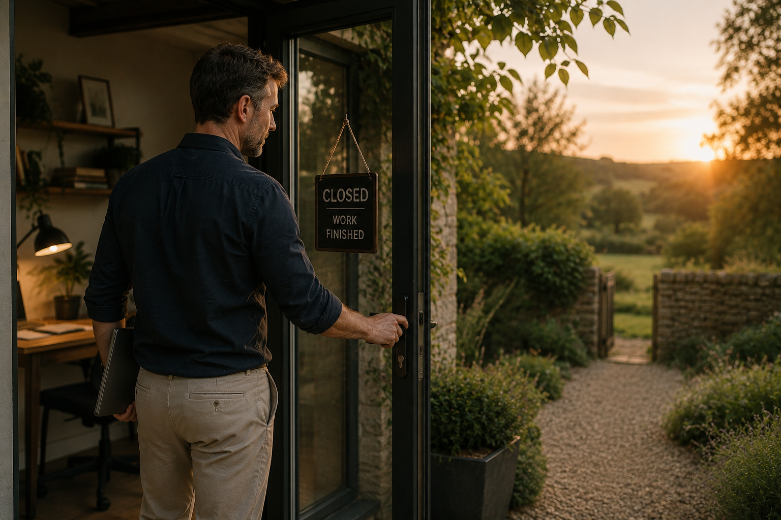 Man closing the door to his home office at the end of the working day, representing healthy work-life balance and switching off from work.