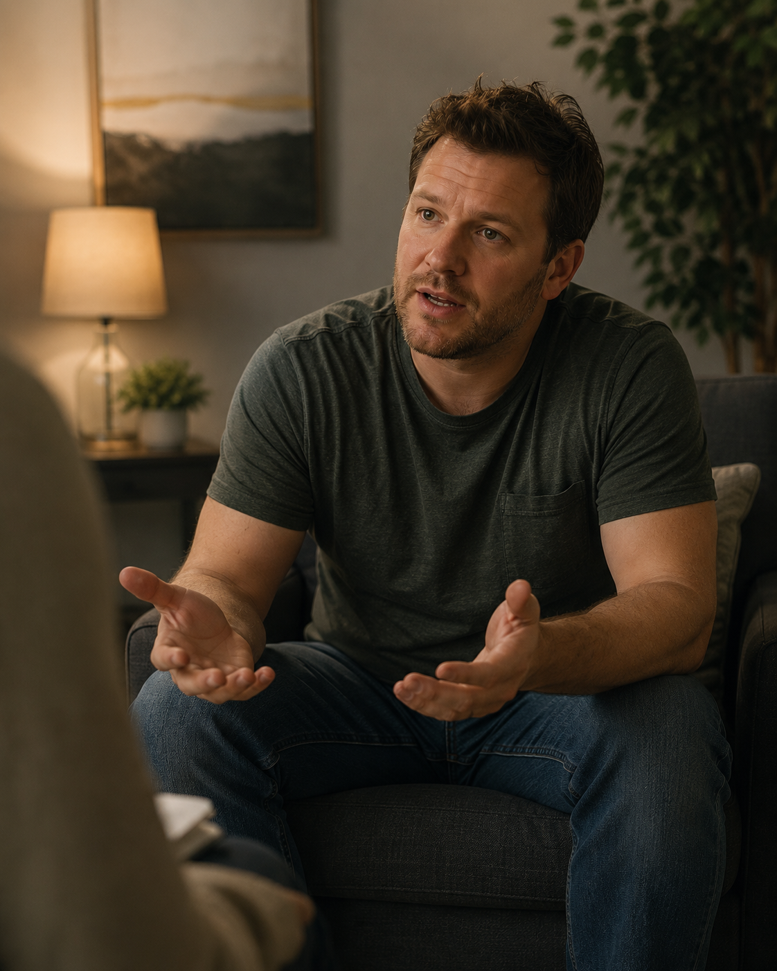 Man speaking openly during counselling about performance anxiety, erectile dysfunction (ED) and sexual confidence.