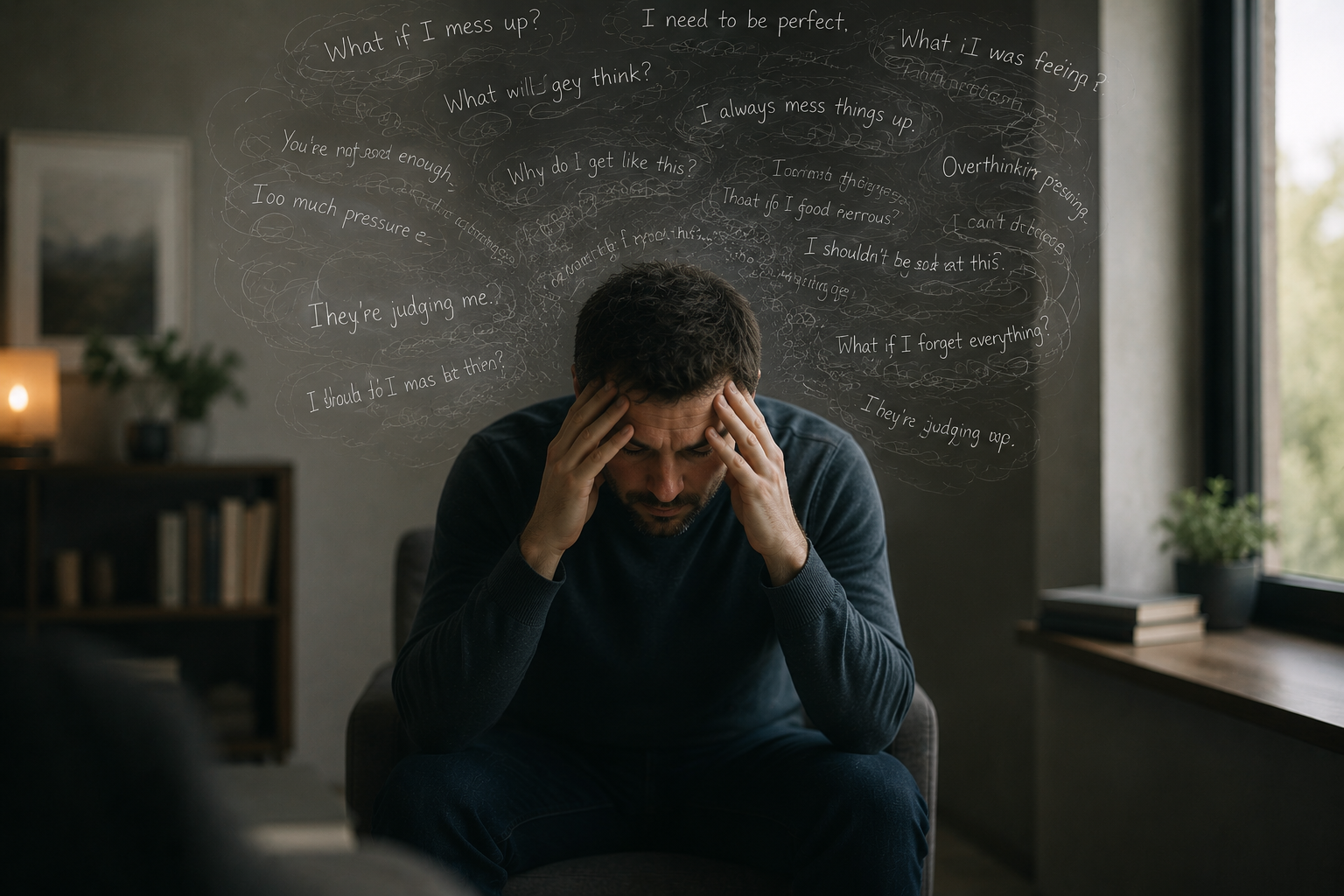 Man sitting with his head in his hands reflecting on anxiety, overthinking and emotional patterns affecting sexual confidence and intimacy. Premature Ejaculation, Erectile Dysfunction, Struggle to Orgasm.