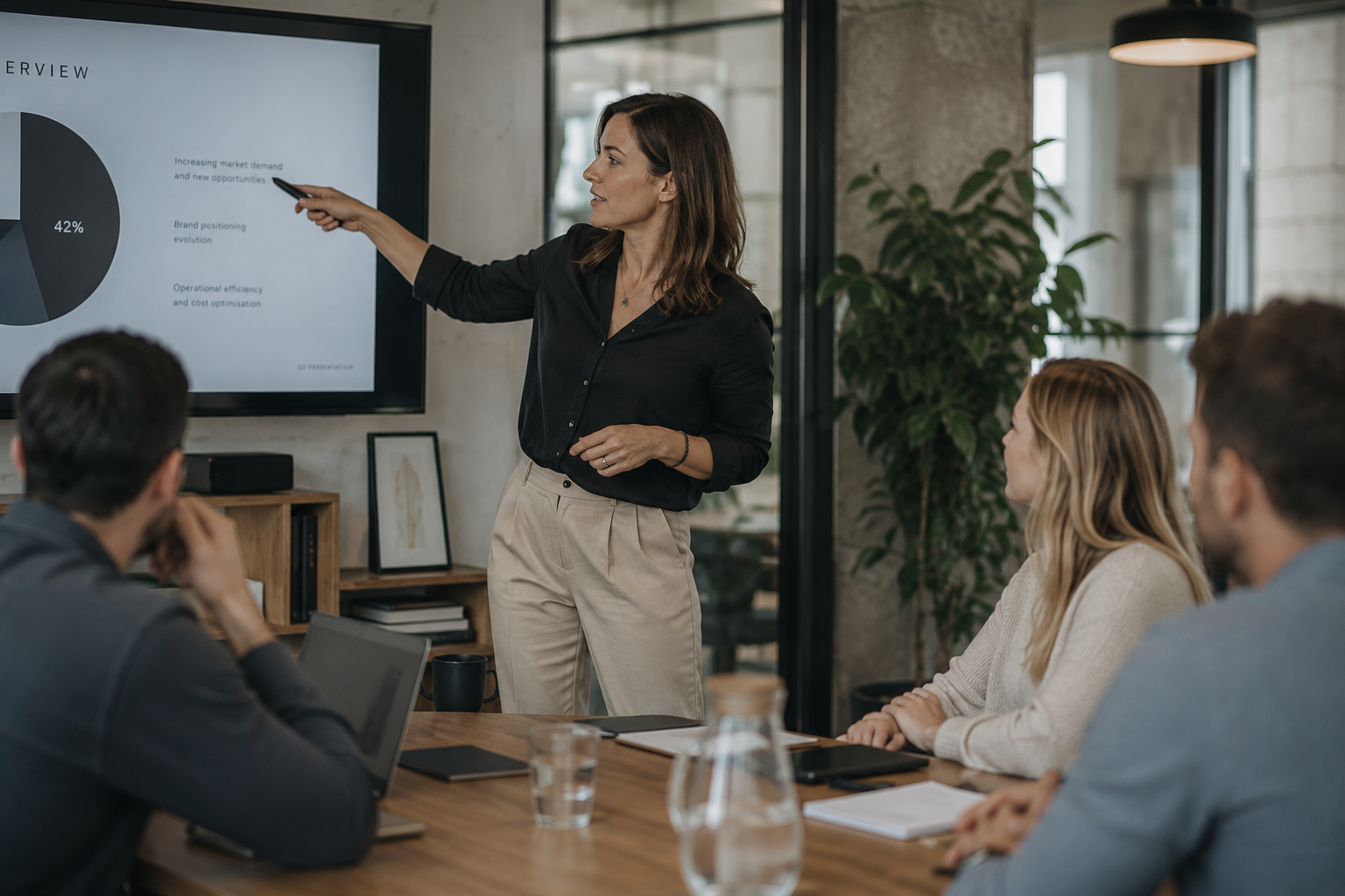 Woman presenting confidently during a business meeting, representing leadership, responsibility, decision-making and executive wellbeing.