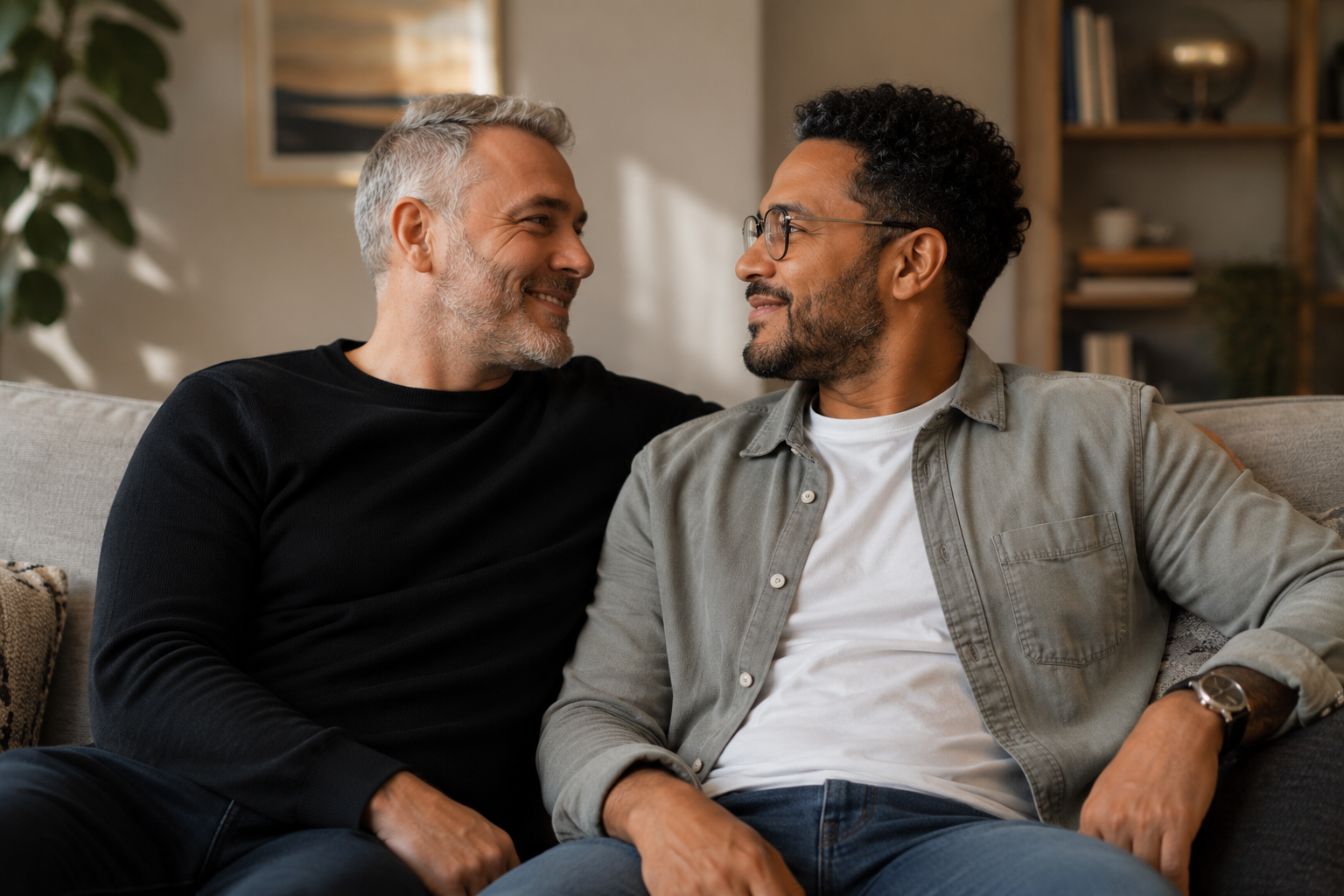LGBTQ+ couple talking together in a relaxed setting, representing healthy relationships, communication and emotional connection.
