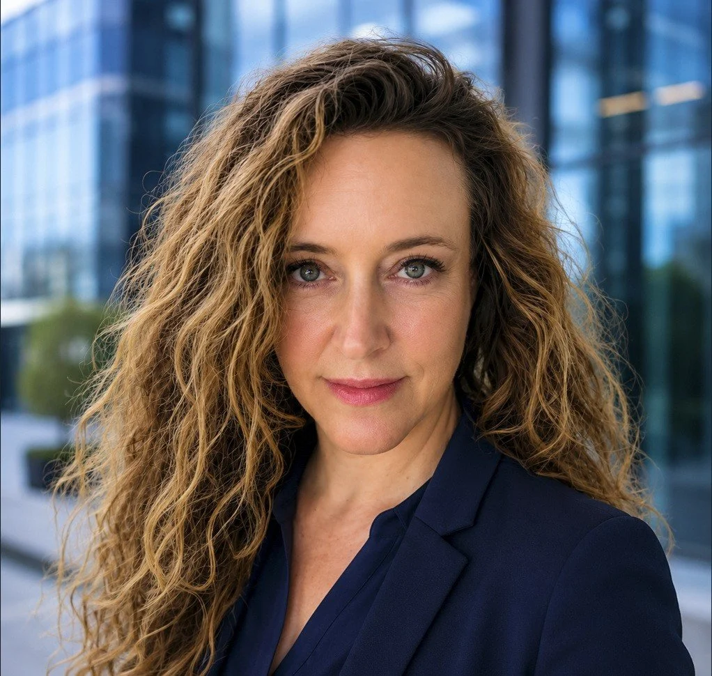 photo of Rachelle Channell in blue suit standing in front of glass building