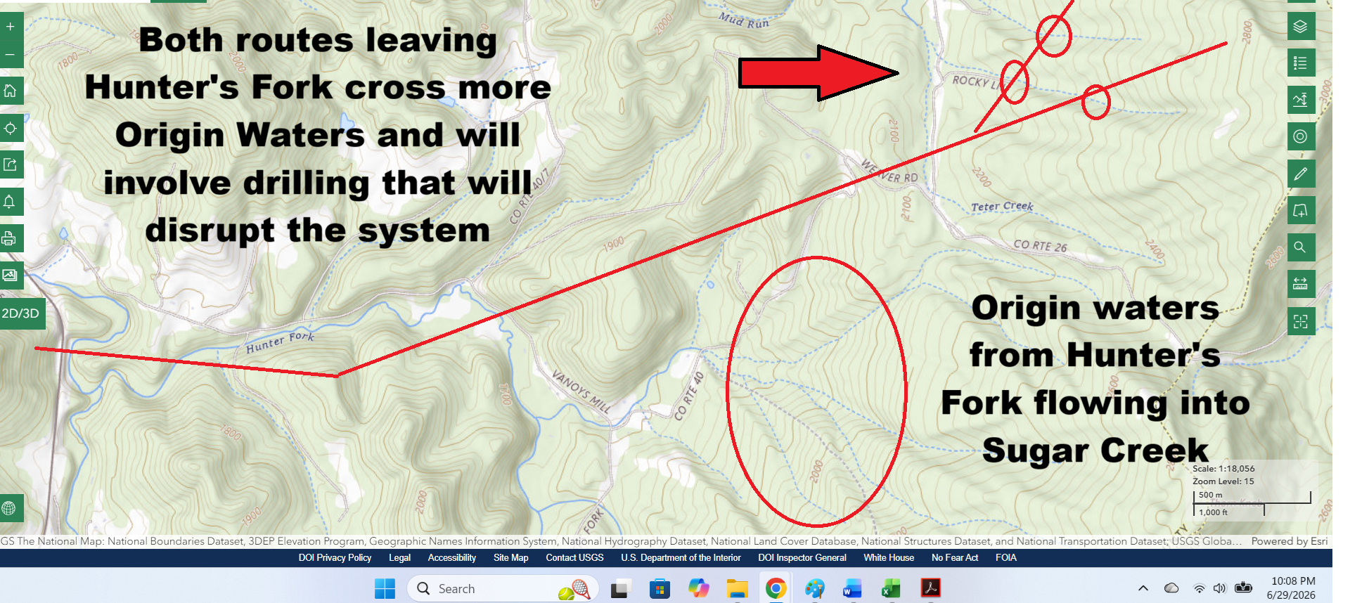 Topo map of transmission line route through Hunter's Fork going over origin headwaters