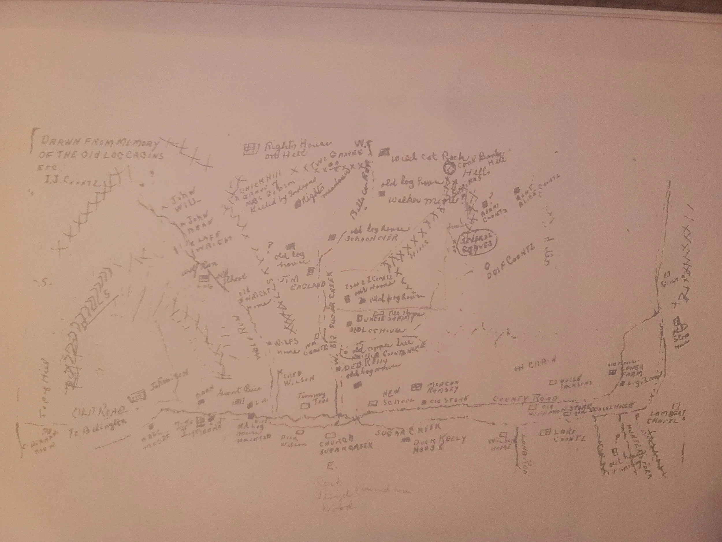 Hand drawn map by ancestor recalling Koontz Hollow, Wolf Run, Shockey and Hunter’s Fork settlements of the early to late 1800s.