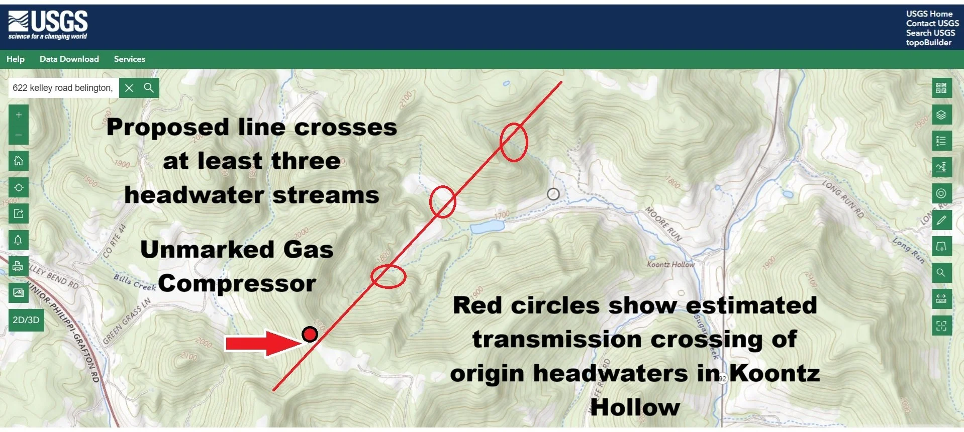 Topo map of drawn transmission line in proximity to gas compressor station and three mountain springs