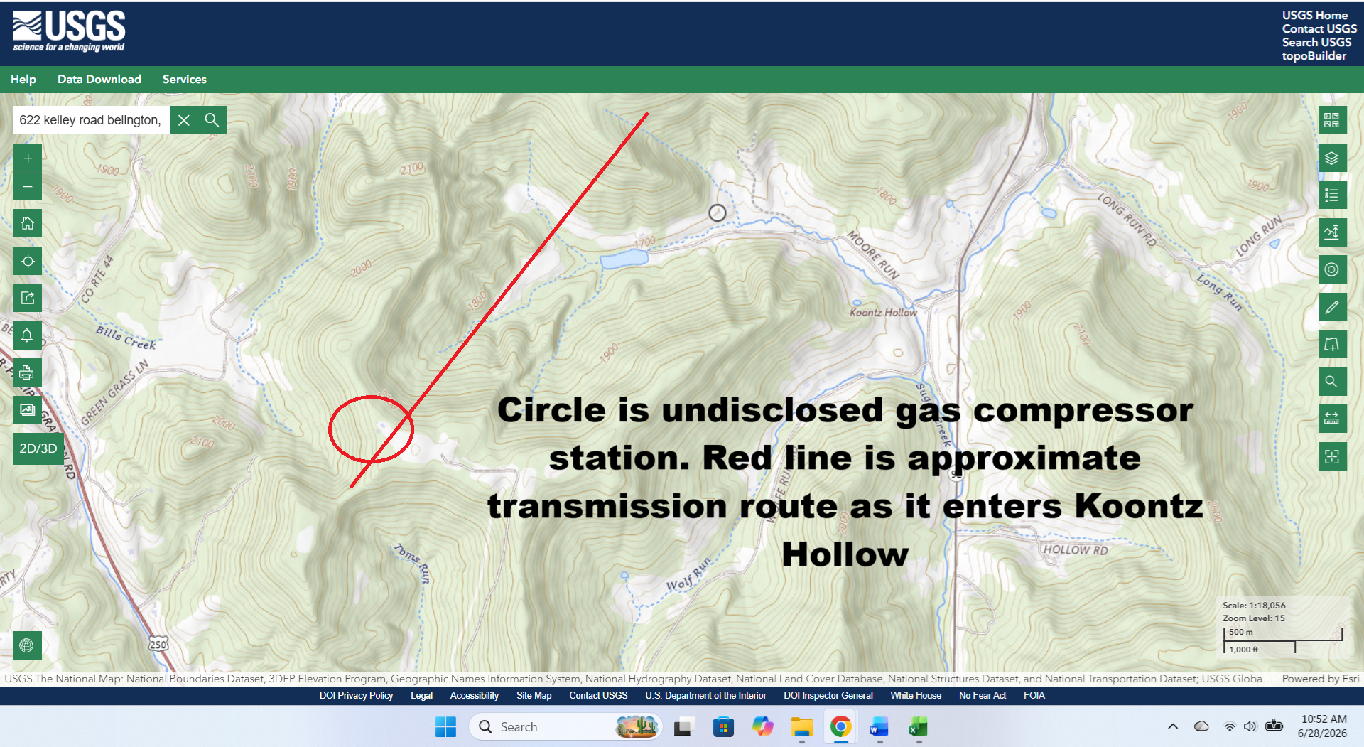 Topo map with drawn transmission line running near the undisclosed gas compressor