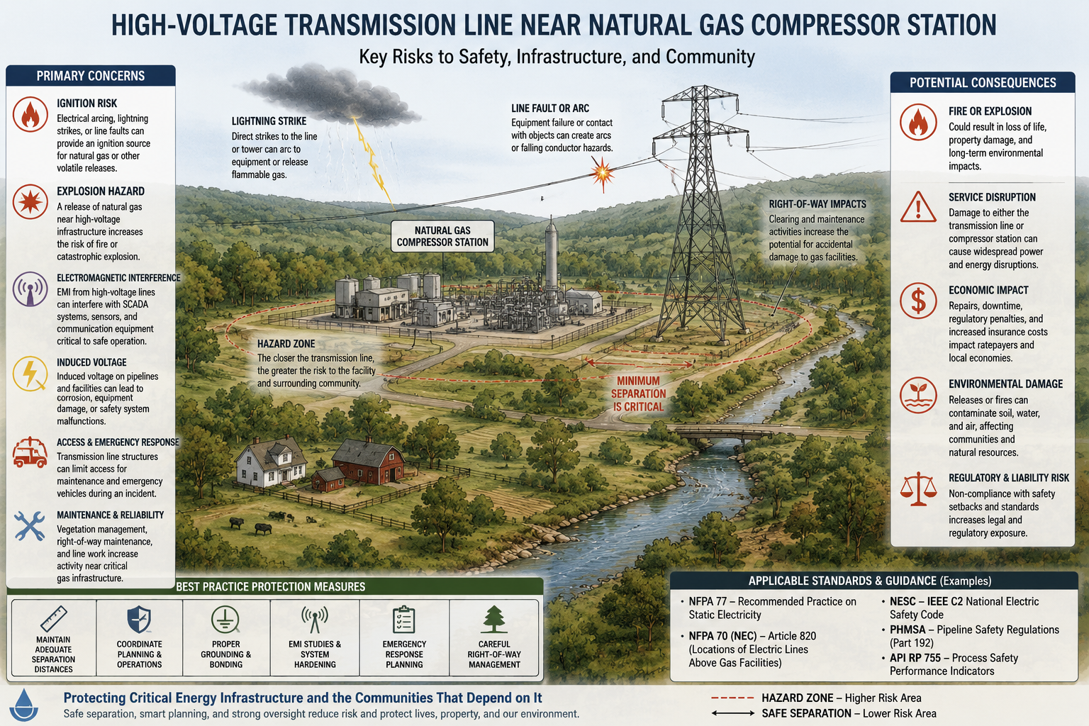 Image portraying transmission line running near gas compressor station and diagraming issues