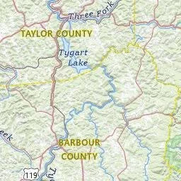 Small picture of map of Barbour and Taylor Counties with the Tygart River and Tygart Lake