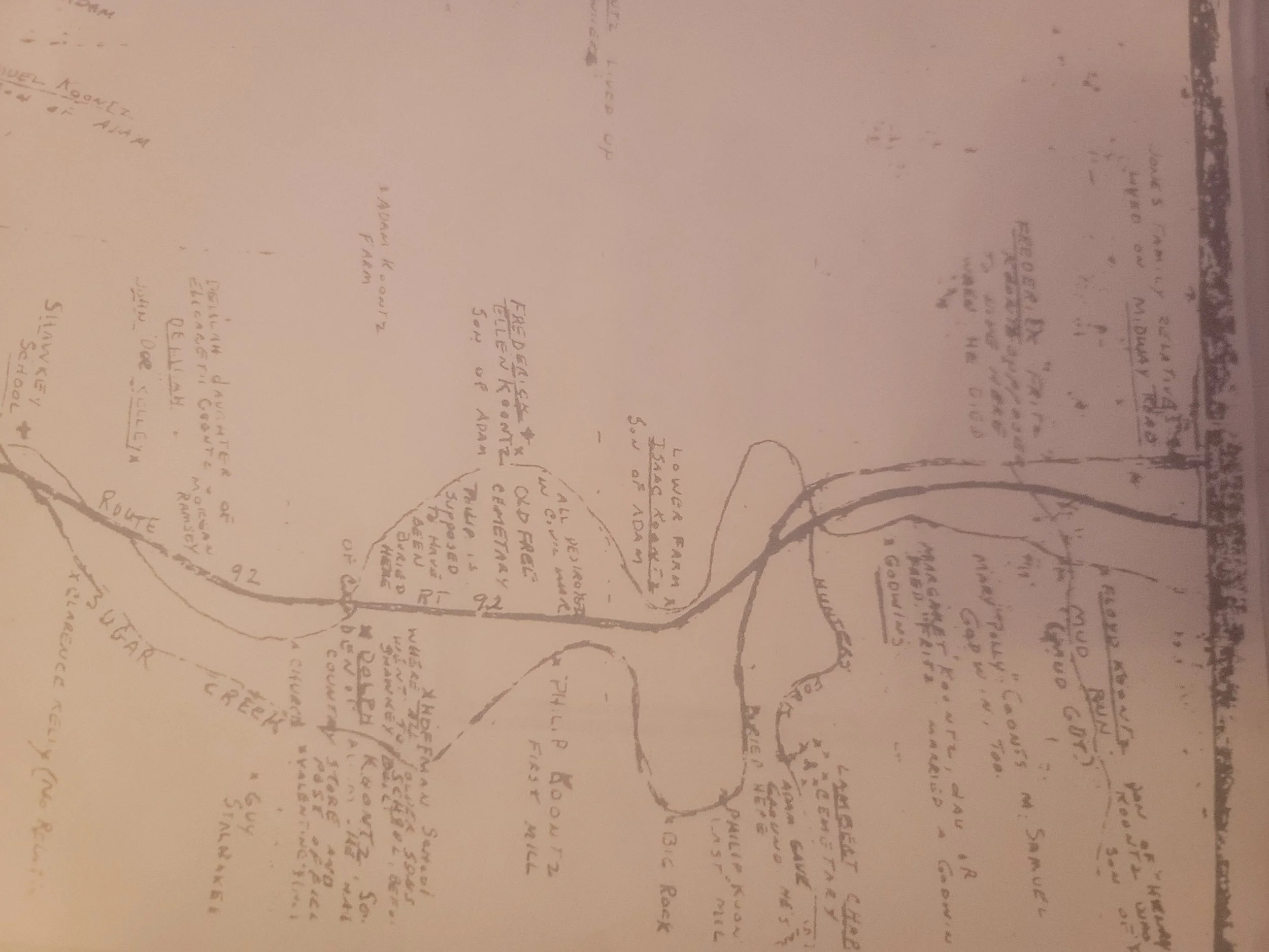 Hand drawn map by ancestor recalling Koontz Hollow, Sugar Creek and Hunter’s Fork settlements of the early to late 1800s.