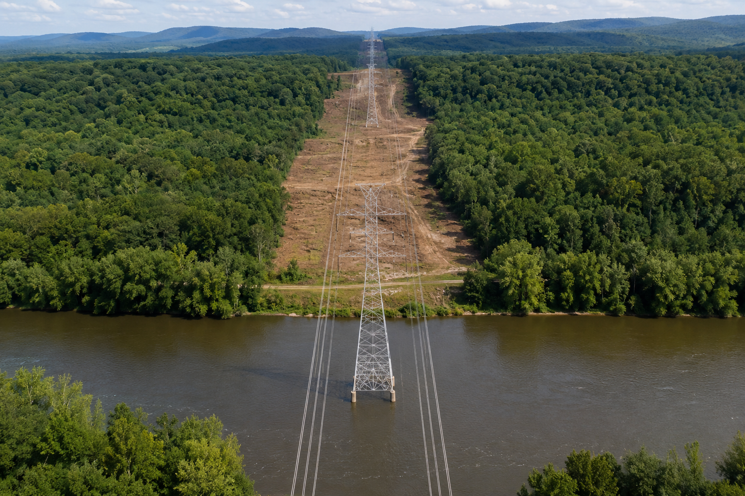 picture of transmission line over river and the clear cut around it