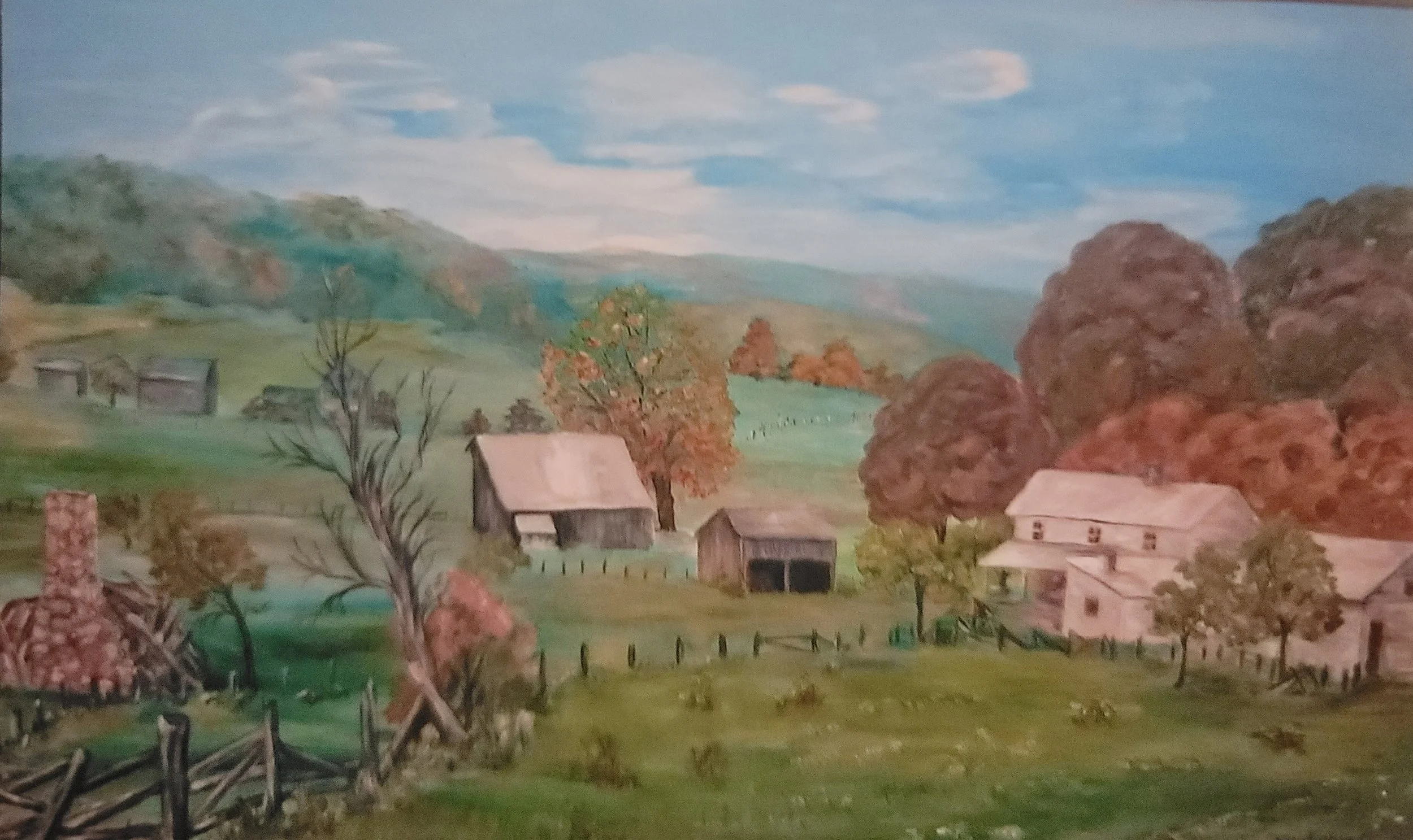 Oil on canvas painting of Koontz Homestead and neighboring property in the late 1800s.
