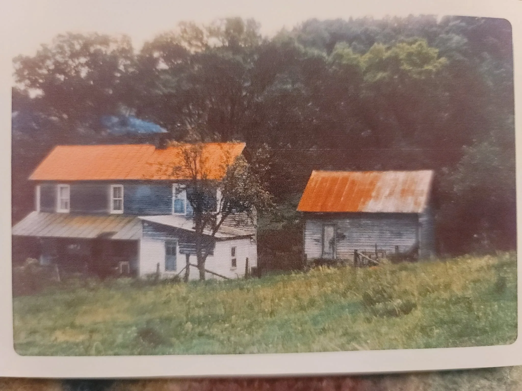 Color photo of old Koontz Farmhouse with original wood siding and metal roof
