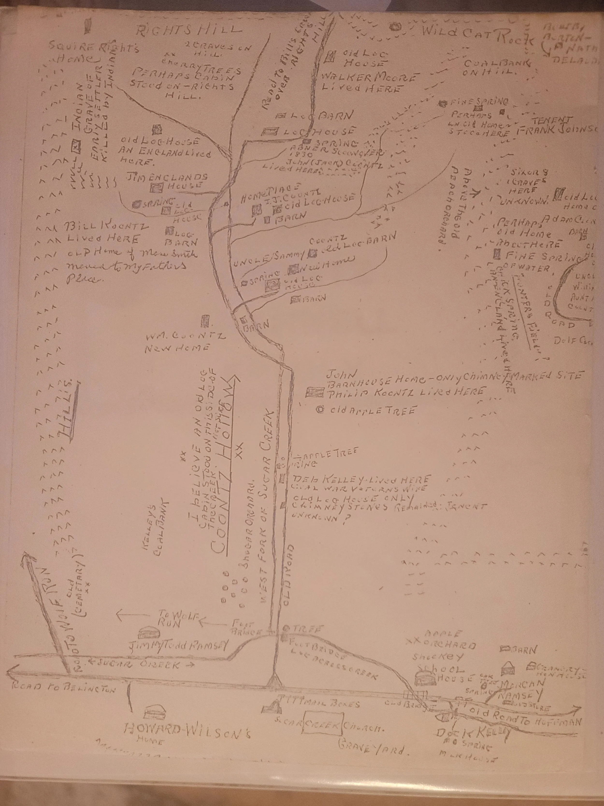 Hand drawn map by ancestor recalling Koontz Hollow Settlements of the mid to late 1800s
