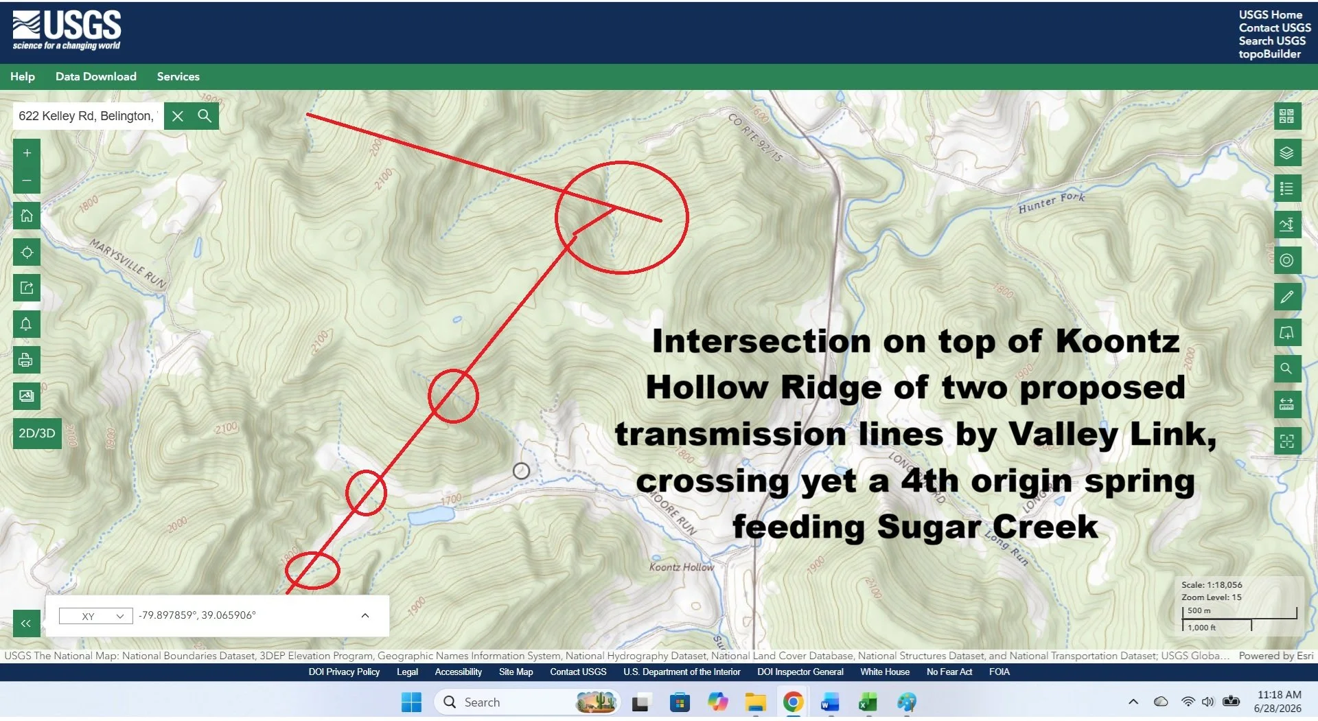 Topo map of line drawn showing crossing of four origin mountain springs in Koontz Hollow