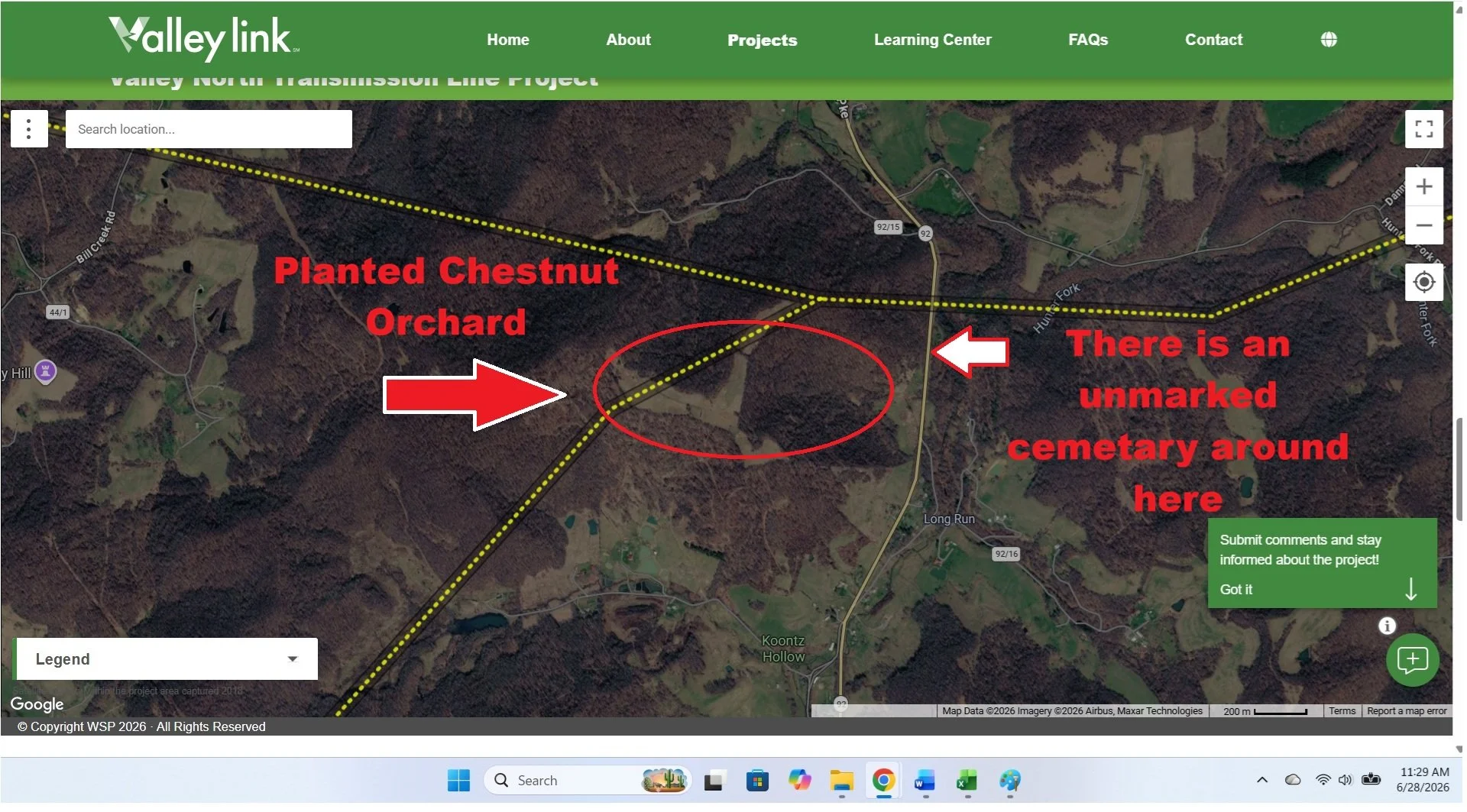 Valley Link map showing converging routes along Koontz Hollow Ridge crossing four mountain origin springs, a chestnut orchard and a cemetary