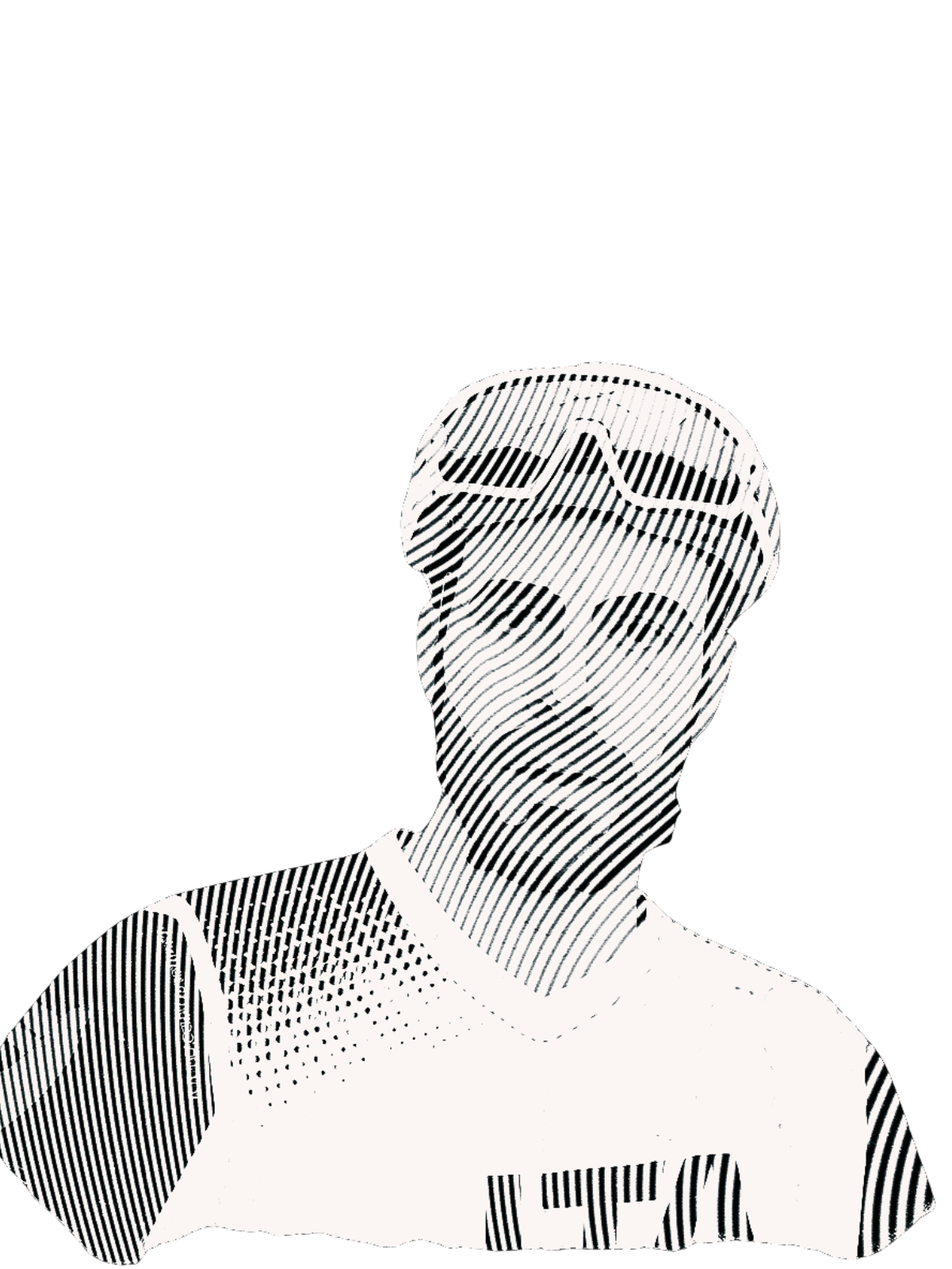 A stylized black and white digital illustration of a person wearing sunglasses and a sports jersey.