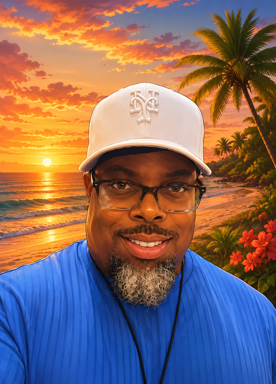 A man smiling at the beach at sunset, wearing glasses, a white cap with a logo, and a blue shirt, with palm trees and flowers in the background.