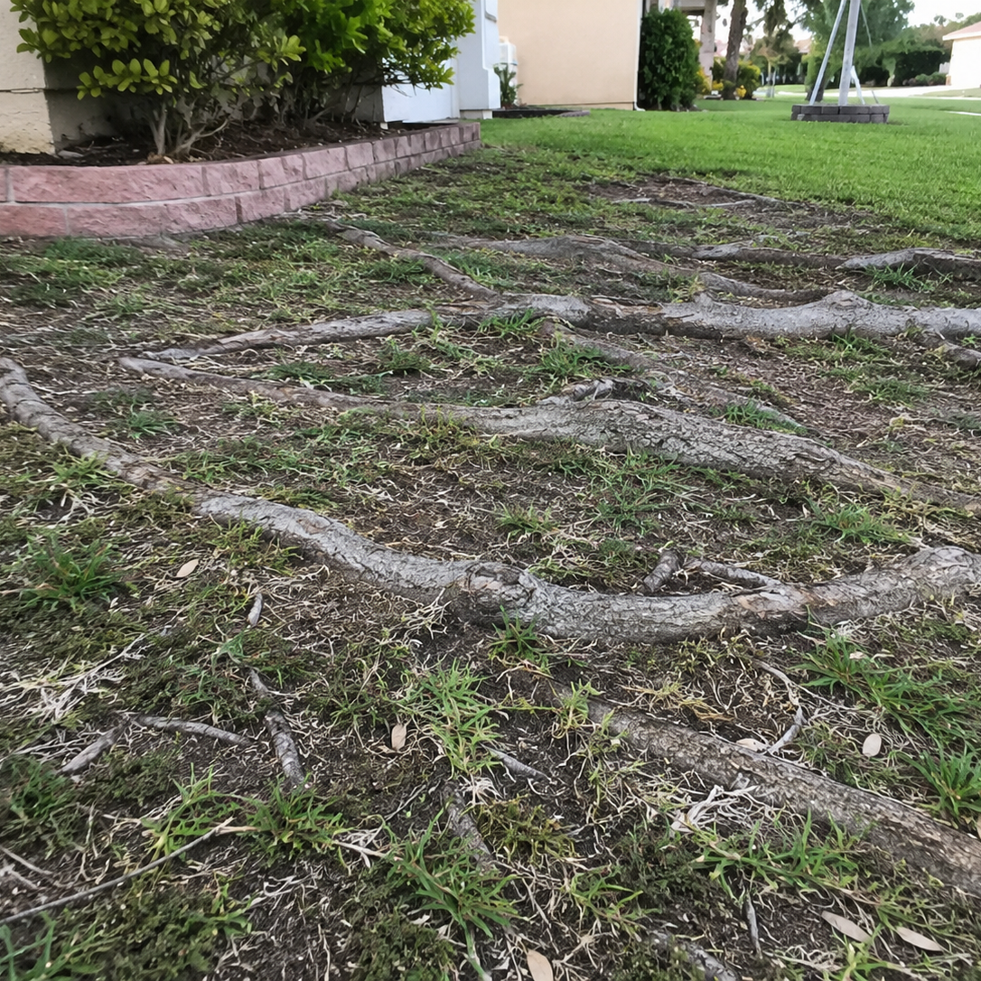 Tree roots growing over soil and small plants in a landscaped yard near a house and a swing set.