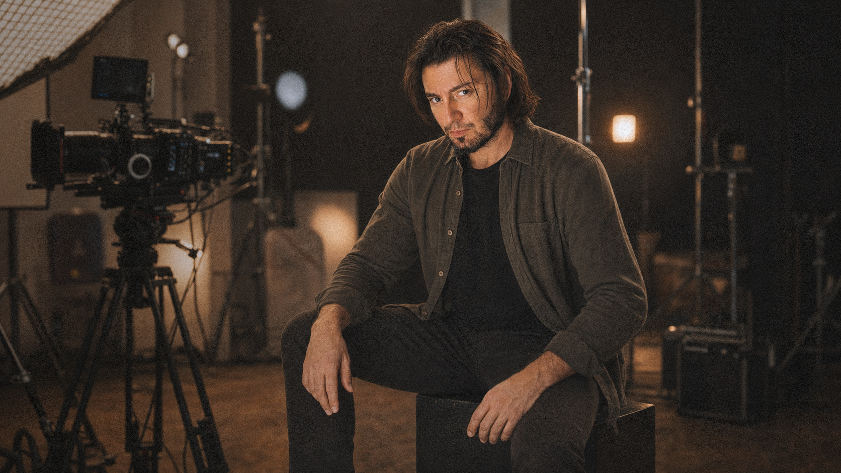 Dragos Enache, Bucharest-based photographer and filmmaker, seated in a professional studio beside a cinema camera and lighting equipment.