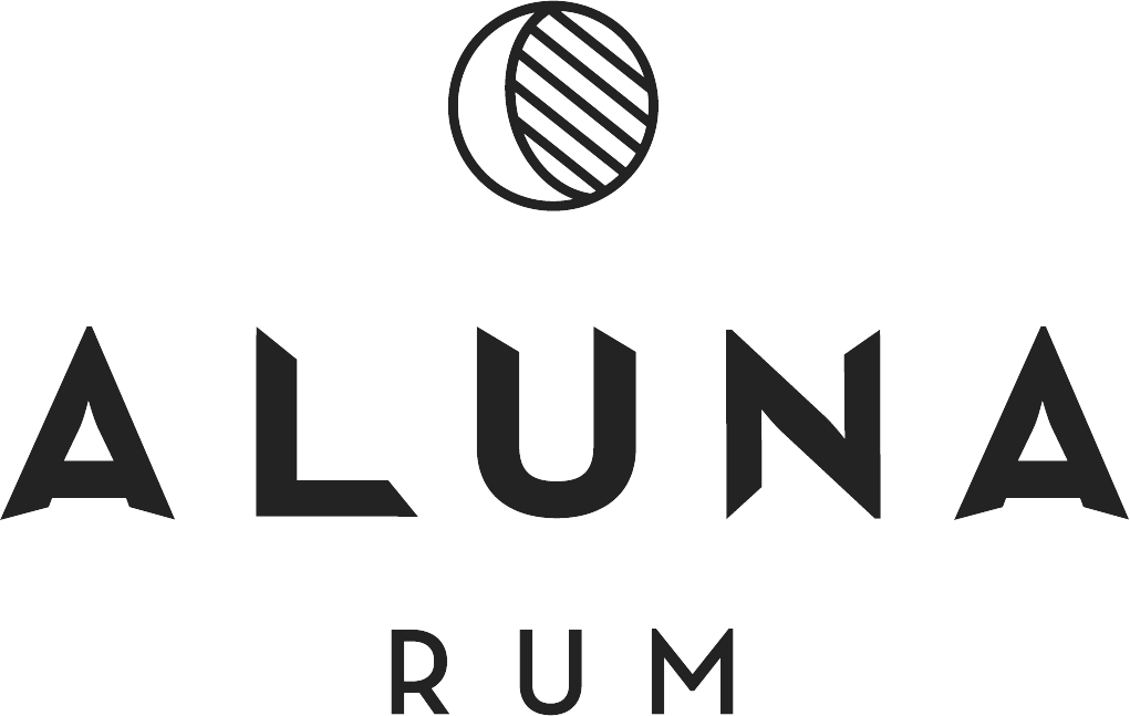 Logo for Aluna Rum with a globe icon above the text.