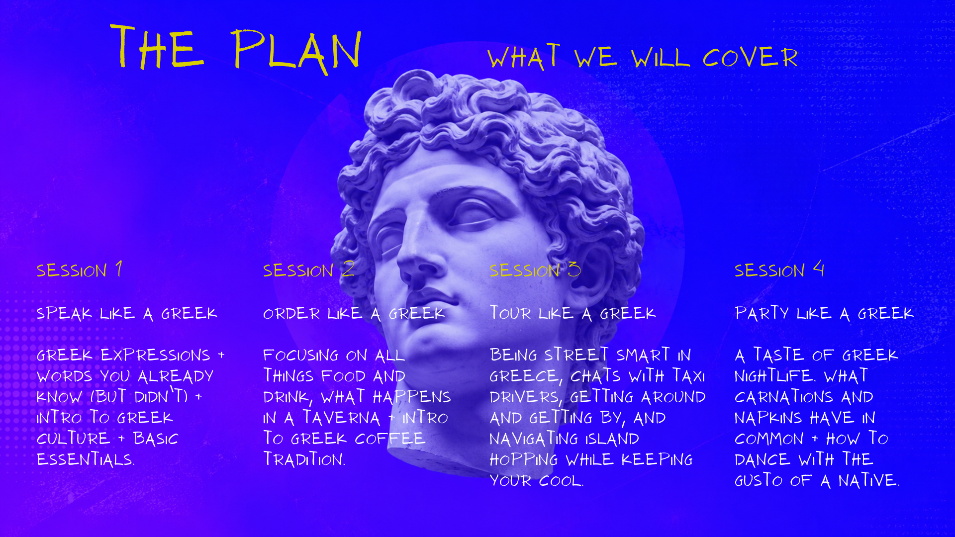 A blue poster from a What Does Not culture club, featuring a white bust of a Greek statue with yellow handwritten-style text listing a four-session Greek culture learning plan, including topics like speaking, ordering, touring & partying like a Greek