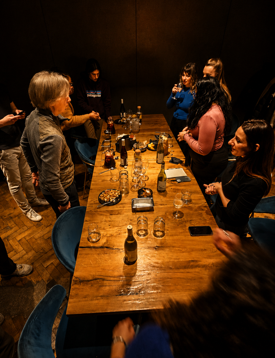 People gathered around a wooden table sharing drinks and snacks in a dimly lit room at a What Does Not culture club, learning a language in London through the culture