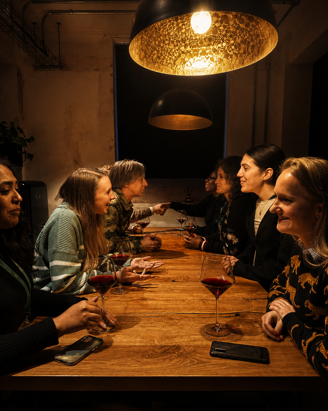 Group of people sitting at a wooden table at a What Does Not culture club, engaged in conversation as they learn a language, holding glasses of red wine, with modern pendant lights above.