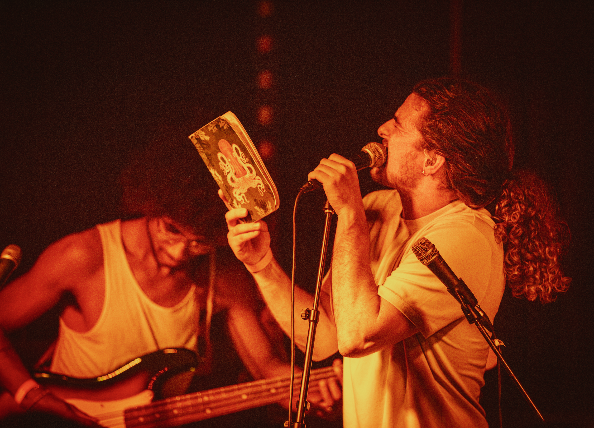A man singing into a microphone and playing an acoustic guitar on stage, with another person partially visible holding a book or pamphlet, at a What Does Not live music gig. 