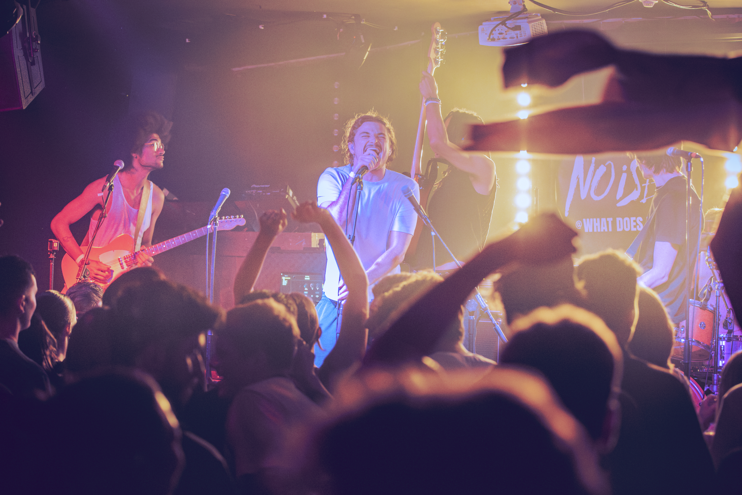 A live music performance / headline show with a singer, guitarist, and other band members on stage, illuminated by colorful stage lights, with a crowd in the foreground enjoying the What Does Not concert.