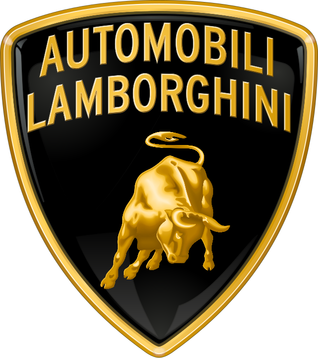 Lamborghini logo with a black shield featuring a gold bull and the words 'Automobili Lamborghini' at the top.