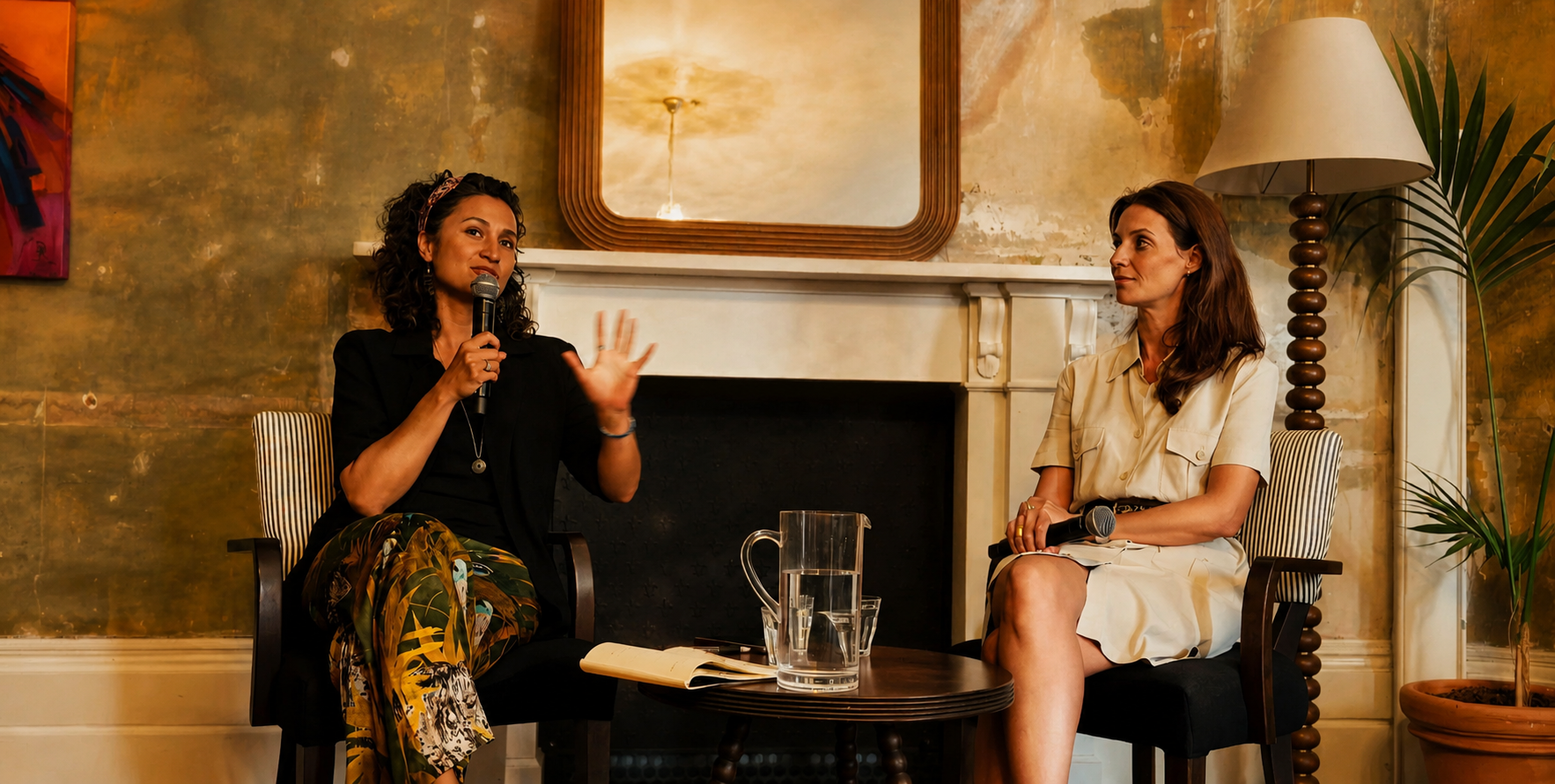 Two women engaged in conversation at a What Does Not POV panel discussion in a cozy indoor setting, with one woman speaking into a microphone and the other listening.