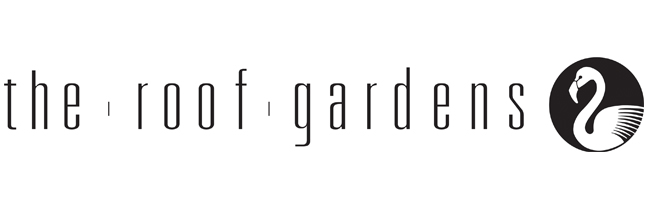 Logo for the roof gardens with a stylized swan emblem on the right.