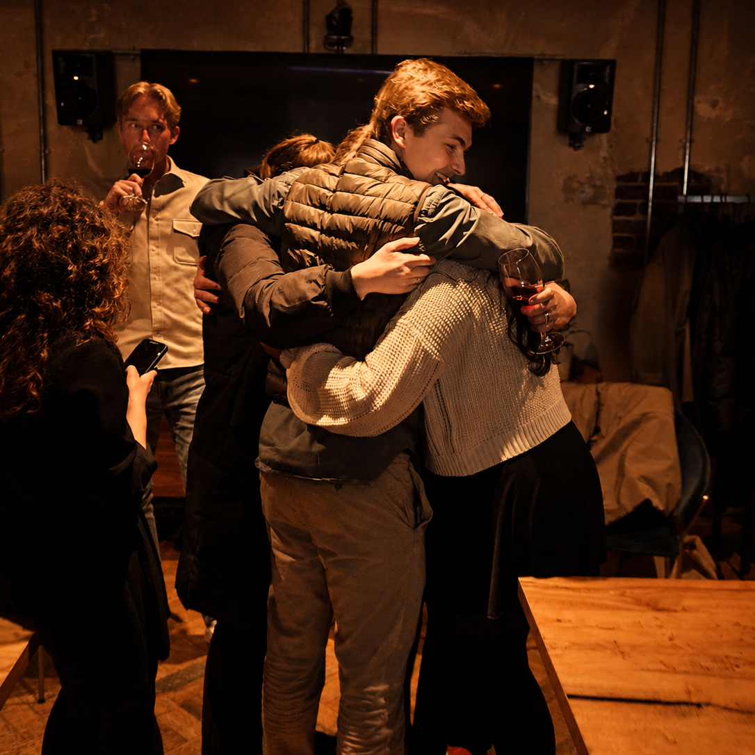 Group of students hugging at a What Does Not culture club as they learn a language in London, some holding wine glasses, with a person in the background drinking from a glass and a woman on the phone.