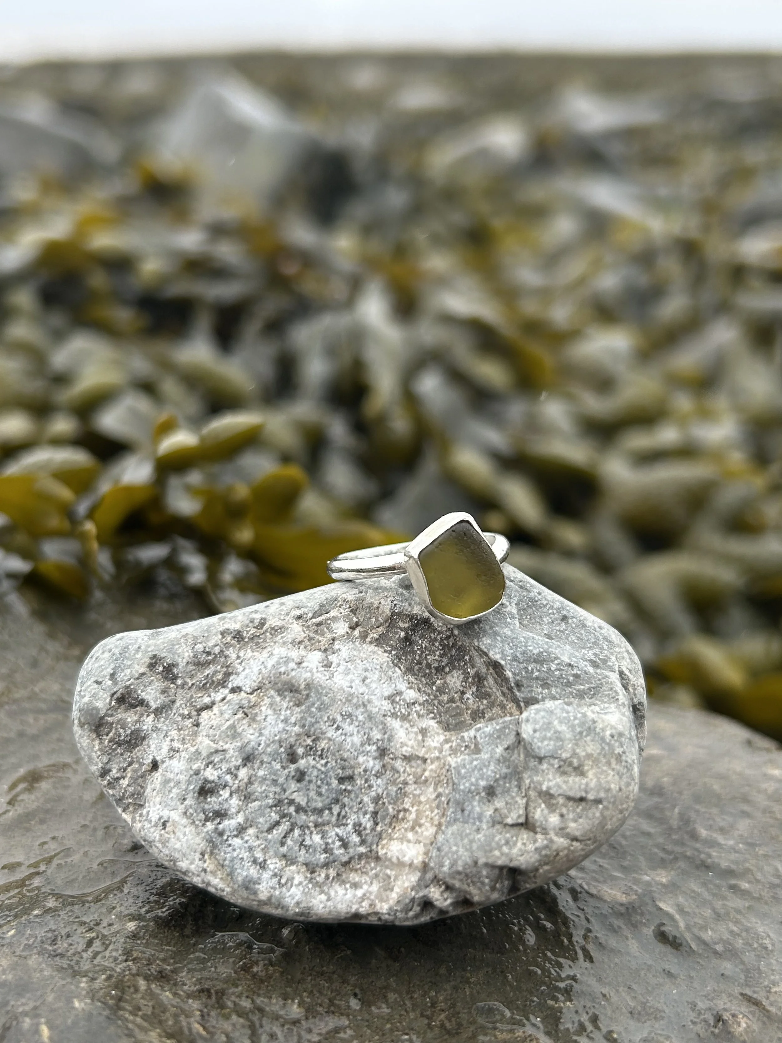 Citron green seaglass ring
