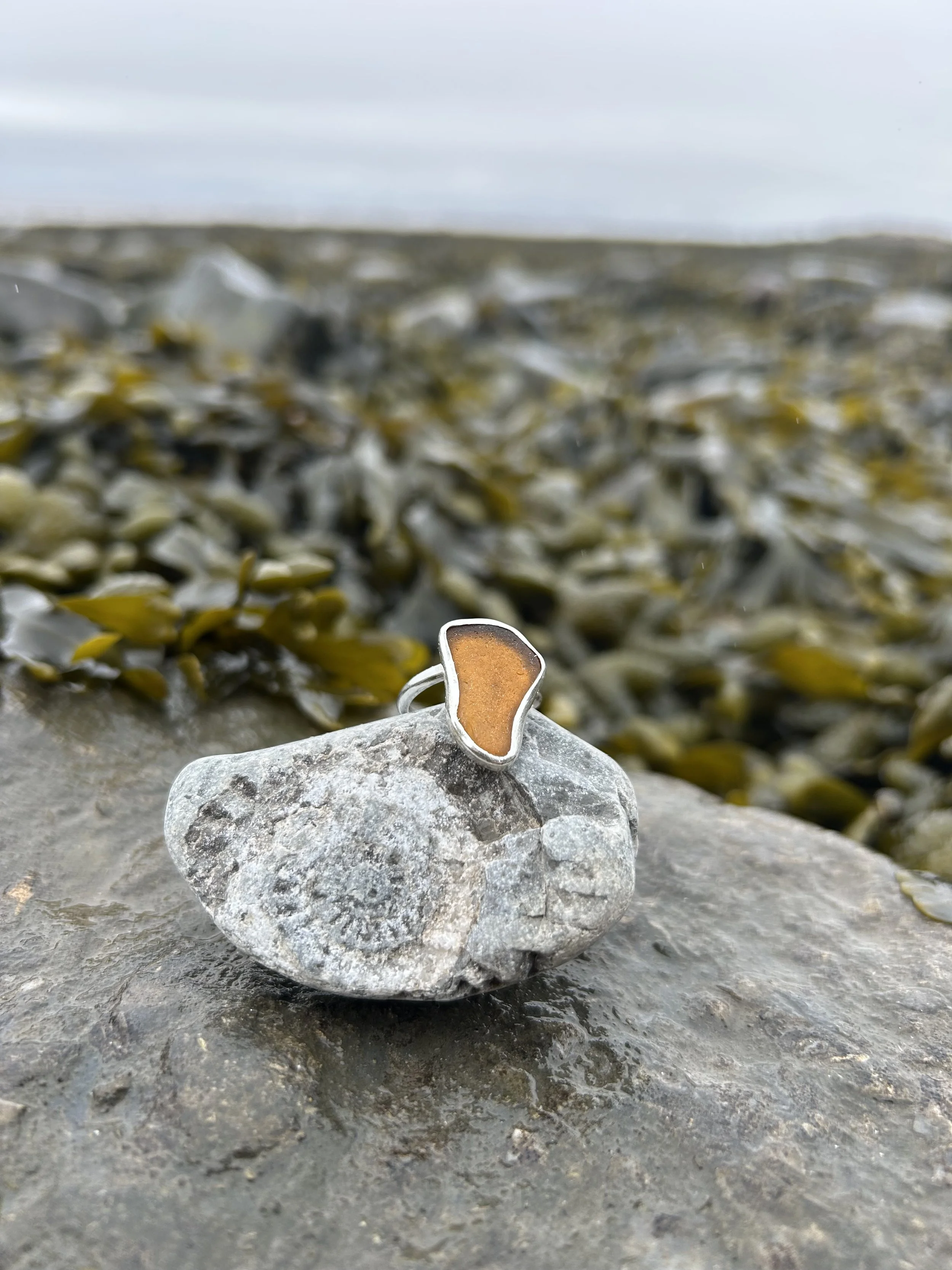 Amber seaglass ring